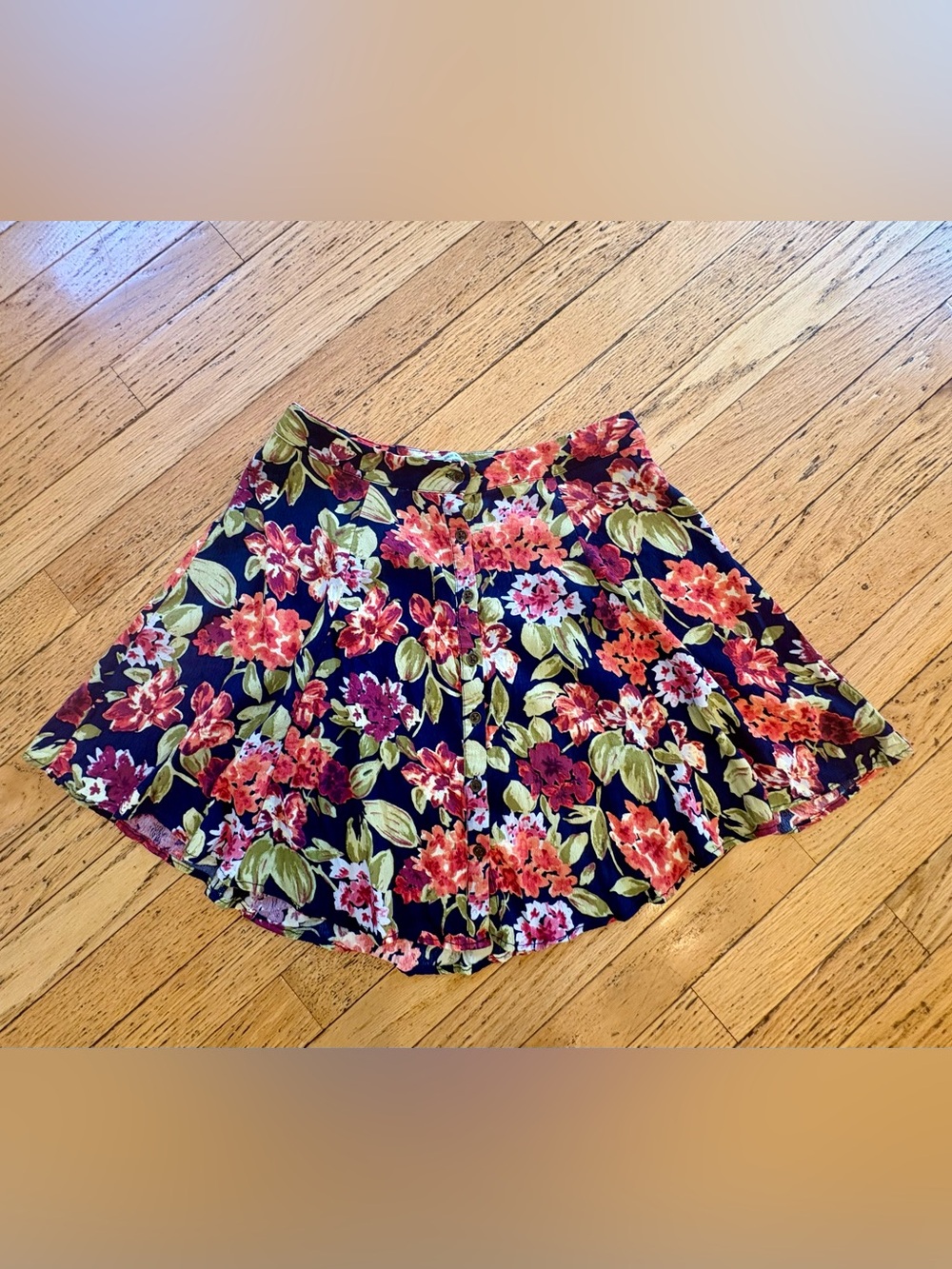 Urban Outfitters Kimchi Blue Navy Circle Skirt with Coral & Green Floral Print